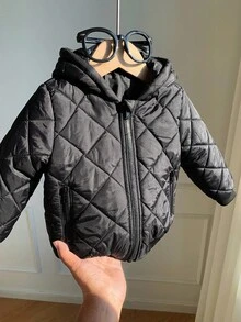 Chaqueta con capucha con cremallera, forro térmico, bolsillos laterales con cremallera, patrón de cuadros de diamante, para bebés niños y niñas, casual, versátil, suave y cómoda, adecuada para jugar en la nieve - Negro - Ver 7