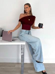 Siren Gaze Áo crop top nhún bèo bất đối xứng thanh lịch màu đỏ tía dành cho nữ, thích hợp mặc mùa hè, mặc hàng ngày - Màu Đỏ Sâu - Xem 6