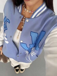 SHEIN Unity 字母圖案落肩袖雙色學院風夾克 - 藍色 - 查看 6