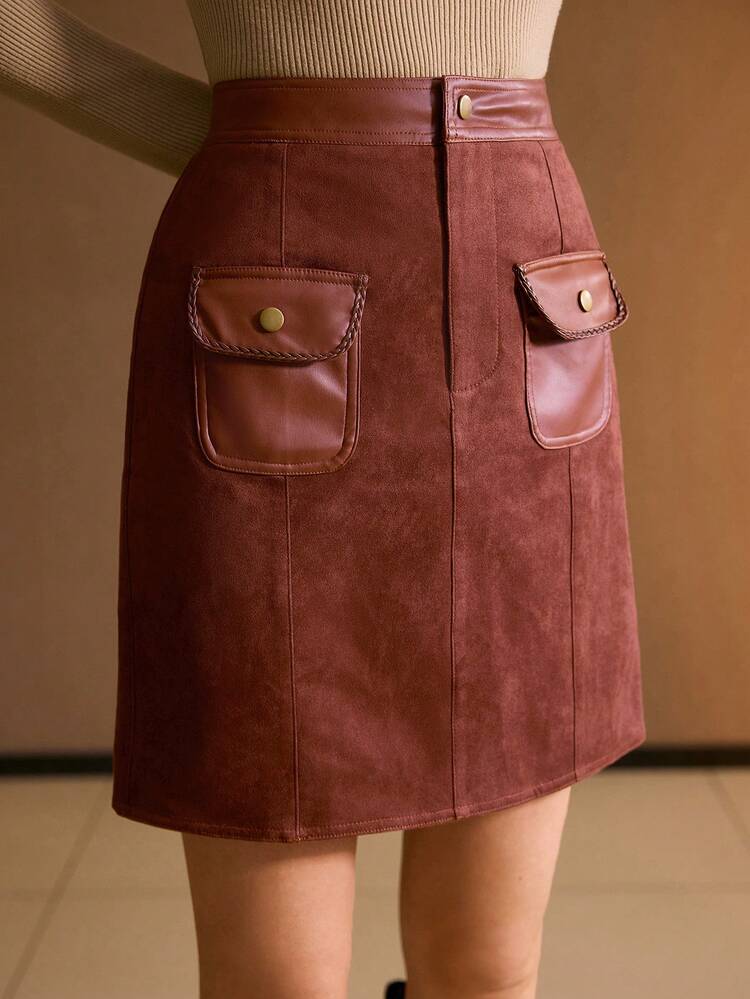 SUEDE PU LEATHER PANEL FLAP POCKET SKIRT