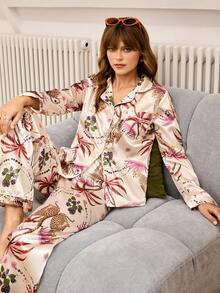 Chillnights 豹纹印花撞色缎面翻领长袖上衣和裤子女士睡衣套装女士真丝睡衣套装女士真丝睡衣套装女士睡衣套装热带睡衣套装女士家居服套装，秋季服装 - 彩色 - 查看 1