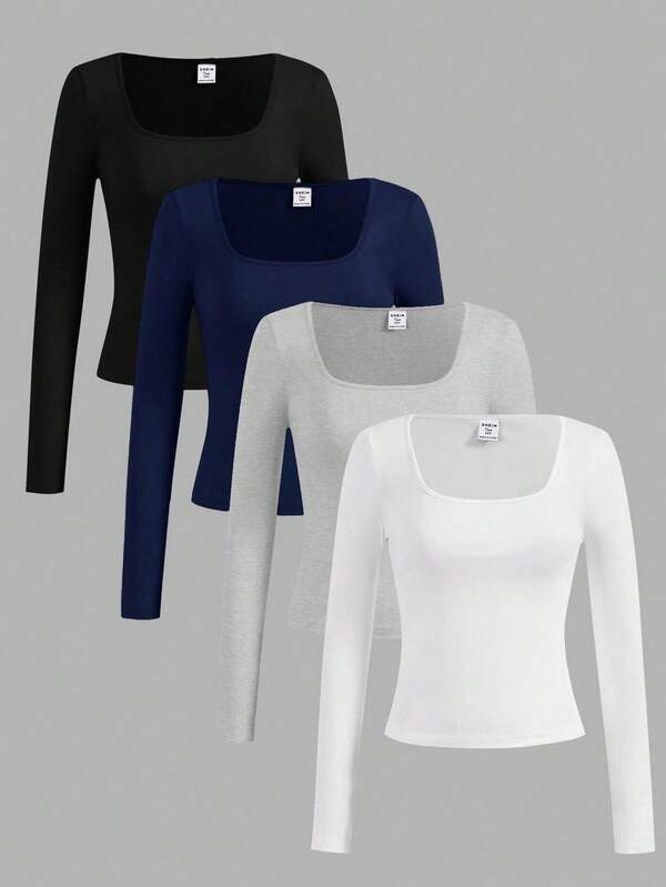 Girlism Conjunto de 4 peças de blusas de malha com gola redonda e manga comprida para meninas adolescentes, cor sólida, justas e versáteis para outono/inverno