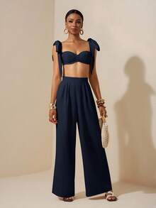 Zivah 海滩新款春夏休闲度假蝴蝶结肩带裹胸心形领短款上衣+阔腿超长裤杏色女两件套Se，纹理面料材质 - 藏蓝色 - 查看 8