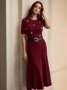 ZEYLAH 2pcs Set: Rhinestone Embellished Crew Neck Top & Skirt, Elegant Autumn/Winter - Burgundy - View 6
