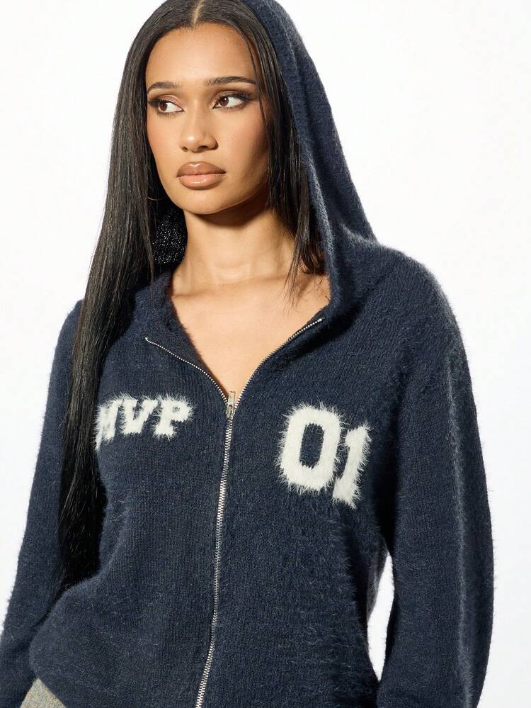 Sudadera con capucha de punto difuso con cremallera y números universitarios