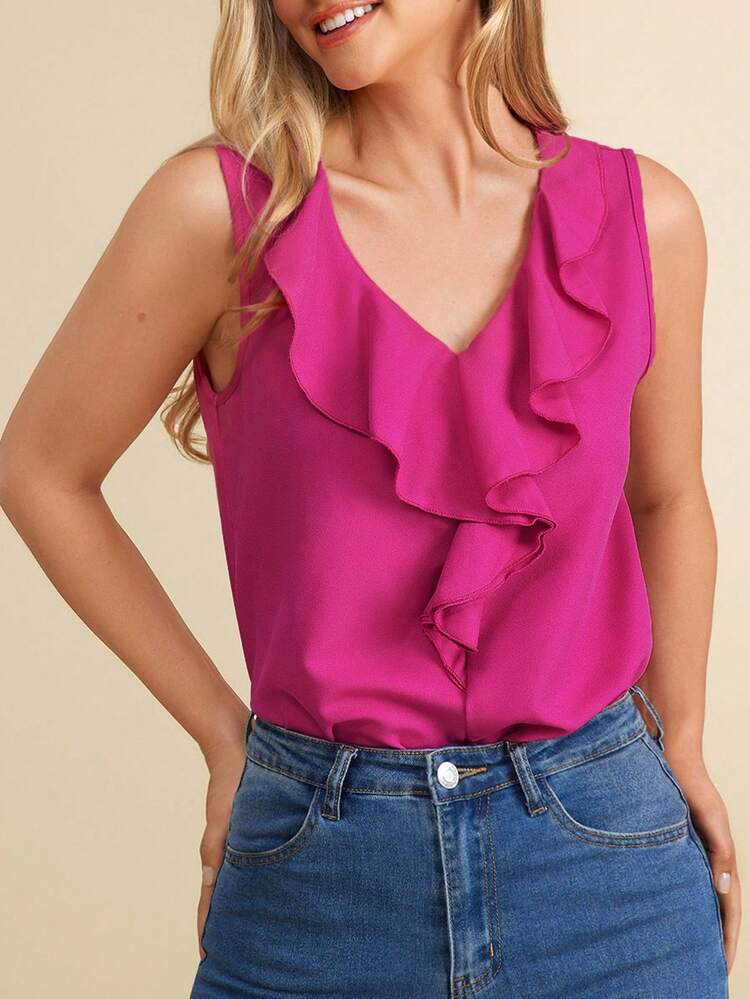 Ruffle Trim Sleeveless Blouse,Sleeveless Tops Summer Elegant Blouses For Ladies Summer Casual Blouses For Women White Blouse Women White Boho Top Eyelet Top Summer Blouses For Women Eyelet Tops For Womenvacation