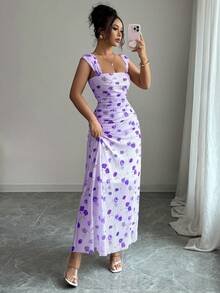 Elenzga New Women's Square Neck Mesh Floral Print Waist Ruched A-Line Dress, Elegant For Dates, Vacation, Waist Cinching, Flattering, Spring/Summer - Purple - View 4