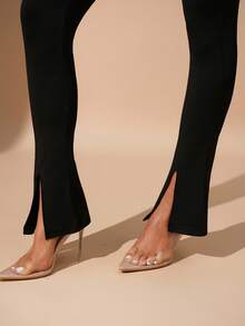 MaterniChic Maternity Solid Color Adjustable Waist Slit Hem Leggings Autumn/Winter  Elegant Party