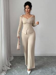 Elenzga New Stylish Elegant V-Neck Off-Shoulder Asymmetrical Hem Long Sleeve Top And Straight Leg Pants Women 2-Piece Set, Autumn - Khaki - View 3