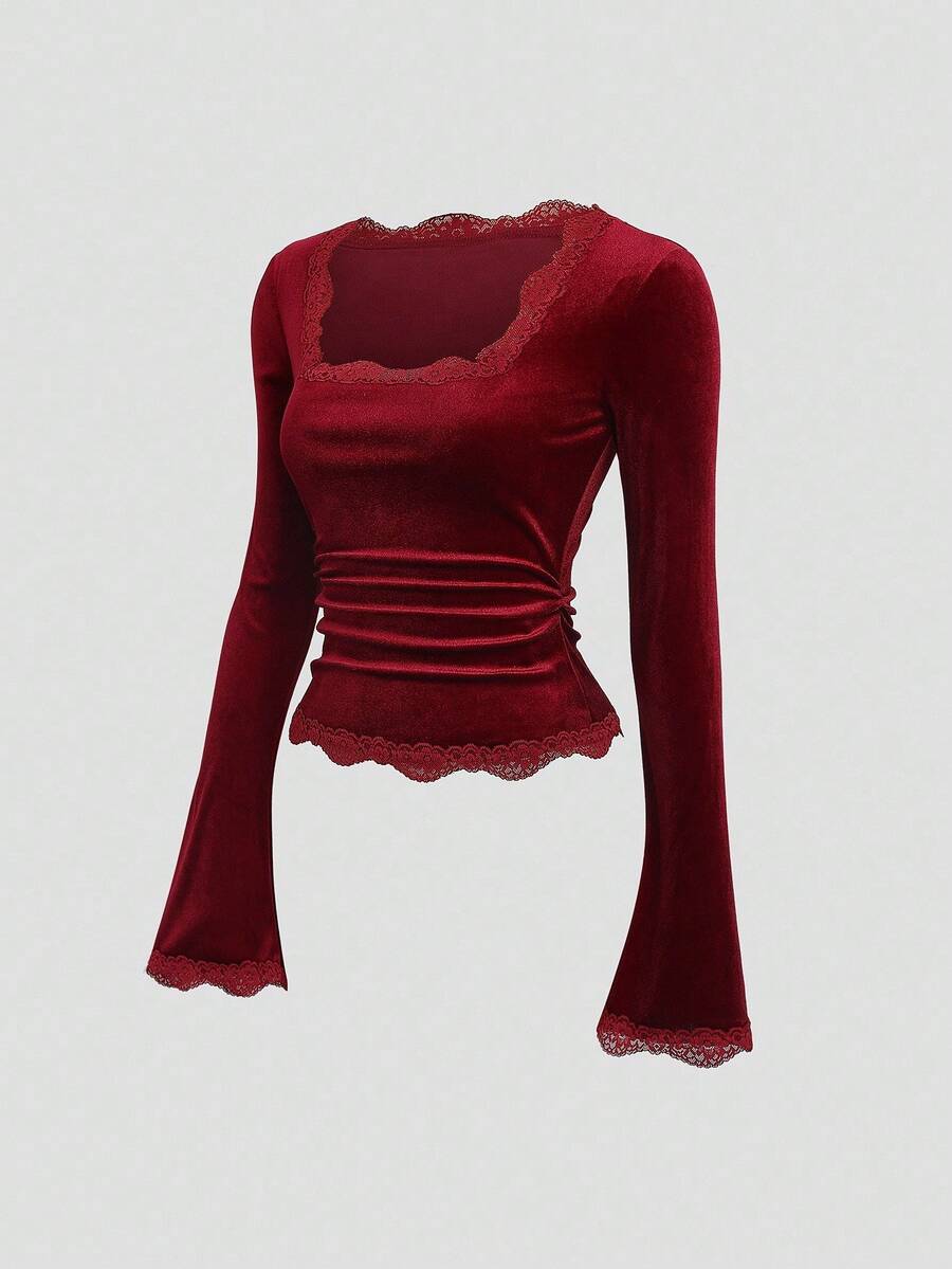 Sweetra Camiseta versátil de mujer con cuello de encaje y mangas acampanadas estilo vintage francés