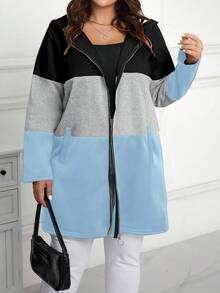 Chaqueta casual con capucha, cremallera y bolsillos, de manga larga y bloques de color, talla grande - Multicolor - Ver 1