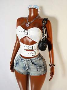 Mistrie Women's Sexy Fashion Street Buckle Detail Hollow Out Fitted Tube Top, Summer - White - View 5