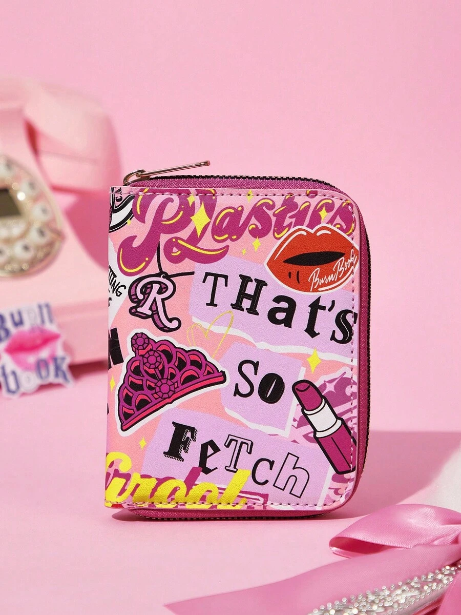 Mean Girls | SHEIN 1pc Piece Cute Cartoon Pattern Printed Zipper Pu Leather Short Wallet, Organ Compartment, Card Storage, Suitable For Students, Ladies, That's So Fetch, Queen Bee - Pink - View 1