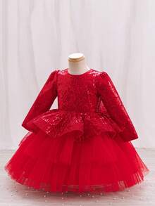 Glamorique Kids Quần áo Giáng sinh cho bé gái Váy dự tiệc ngày lễ cho bé gái, Đầm công chúa lưới voan dài tay đính sequin thắt eo 3D nơ lớn - Đỏ - Xem 3