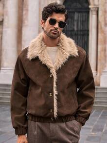HIMLAND Men's Fleece Casual Drop Shoulder Faux Fur Patchwork Jacket Earthy Plus Fur Men Fur Coat Winter