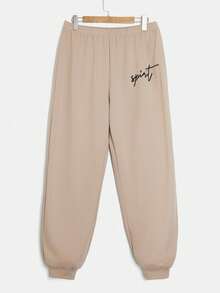 SHEIN EZwear Conjunto de 2 piezas de sudadera con capucha y pantalón de chándal con estampado de letras para tallas grandes - Caqui - Ver 3