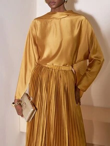 Zivah Early Autumn/Winter New Styles For Birthday Parties, Graduation Season, Daily Outings, Basic, Versatile, Casual Vacation, Cruise Travel, Internet Celebrities, Popular, Casual, Elegant, Commuting, Casual, Street Party, OL Style, Cross-Neck, Fluttered, Tie, Scarf Design, Long-Sleeved Loose Top + Pleated Skirt, Super Long Skirt, Brownish-Yellow Satin Shiny Woven Fabric Set, Women's Two Pieces Set -A - Brown - View 5