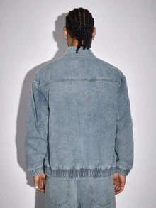 ROMWE MEN Street Life 男士落肩撞色条纹立领拉链时尚百搭创意玫瑰图案牛仔夹克 - 藍色 - 查看 2