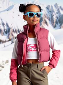 SHEIN Chaleco acolchado con cuello alto, cintura ceñida y ajustado para niña preadolescente, adecuado para uso casual, de commute y escolar en otoño/invierno