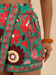 Travachic Plus Size Bohemian Casual Vacation Beach Shorts With Tie Decoration & Ruffle Trim For Women