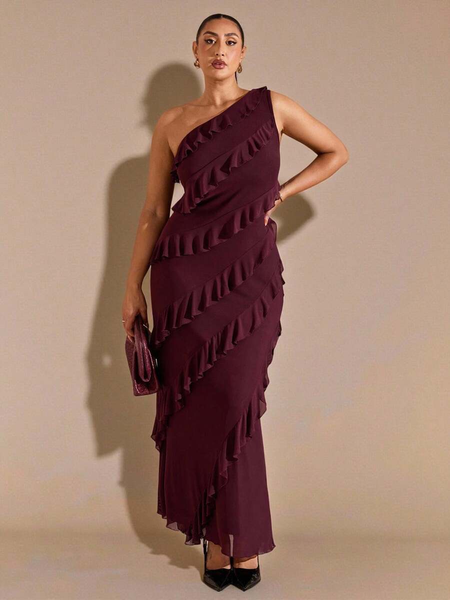SHEIN BAE 大码女式不对称荷叶边下摆长连衣裙，初秋
