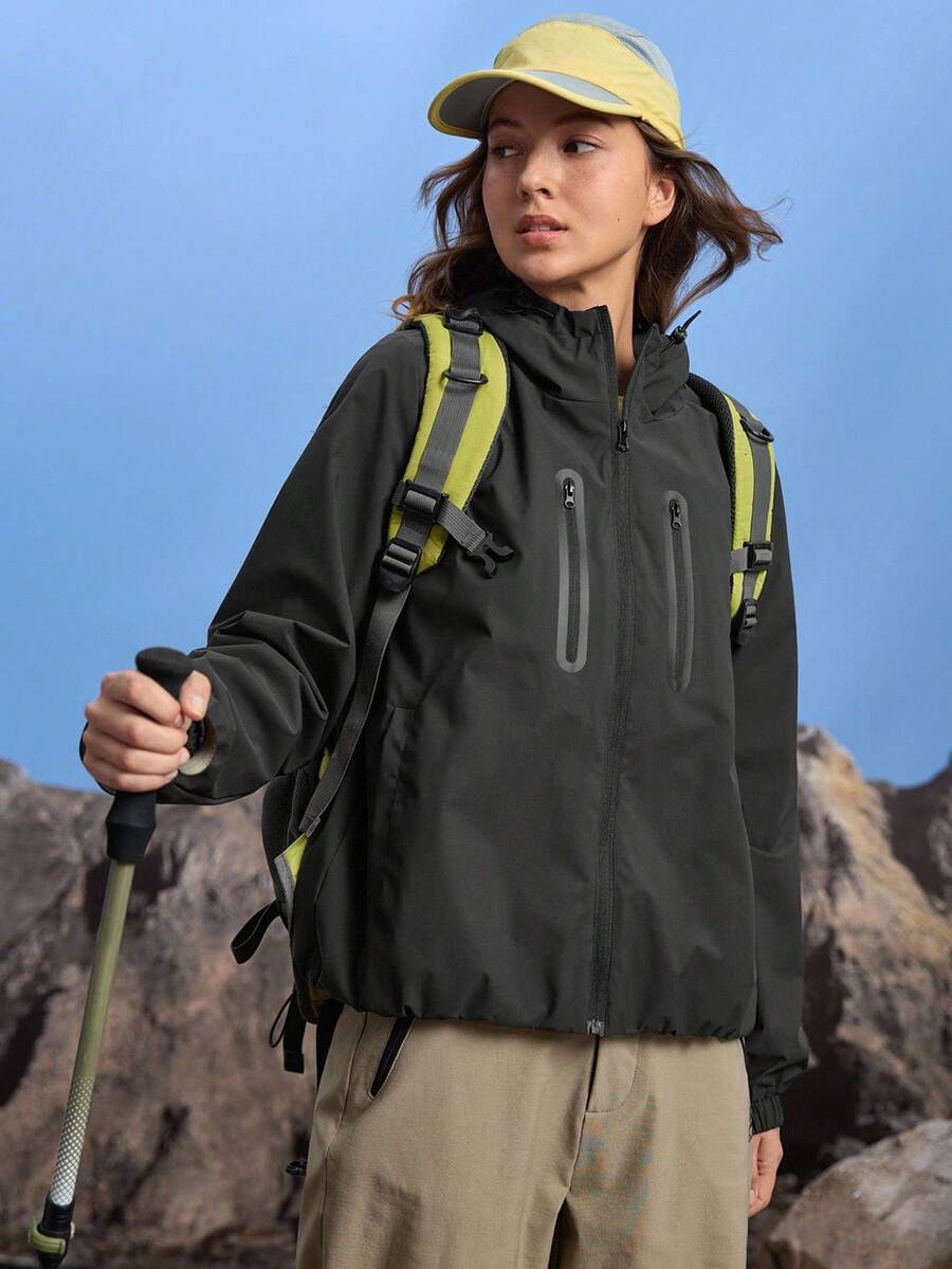 In My Nature 女士纯色简约休闲连帽长袖户外夹克 - 黑色 - 查看 1