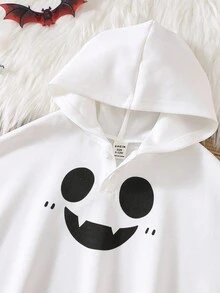 SHEIN 男婴/女婴白色幽灵怪物印花连帽半拉链蝙蝠服装运动衫斗篷外套，可爱休闲万圣节角色扮演 - 白色 - 查看 7