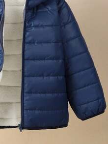 PrepCrw 1pc Young Boys' Casual Versatile Relaxed Fit Zipper Front Hooded Padded Coat, Suitable For Back To School, Birthday, Baby Shower, Holiday Parties, Autumn/Winter - Navy Blue - View 4