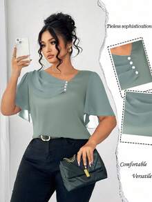 Elenzga Plus Size Asymmetrical Ruffle Collar Button Decor Short Sleeve Elegant Blouse - Green - View 1