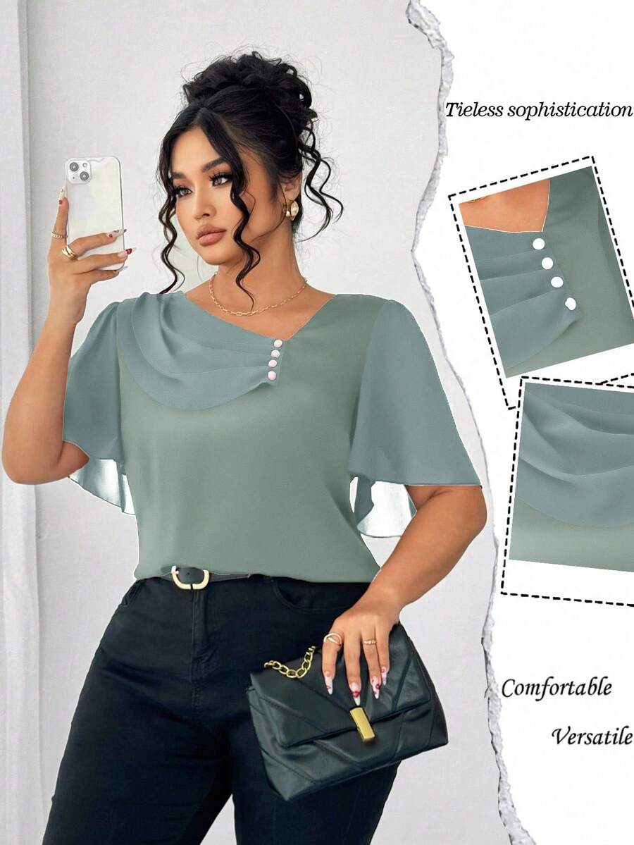 Elenzga Plus Size Asymmetrical Ruffle Collar Button Decor Short Sleeve Elegant Blouse - Green - View 1