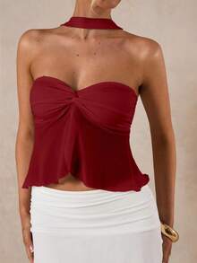 Glamine Weinrote sexy durchsichtige rückenfreie Spitze geraffter Neckholder Bluse, Halloween Bluse, Weihnachtsbluse, Party Must-Have, Schicke Herbst, Streetwear, Y2K, Gehobene Eleganz Bluse, Club Bluse, Konzert Bluse, Date Night Bluse, Geburtstags Bluse für Frauen, Rave Festival Bluse