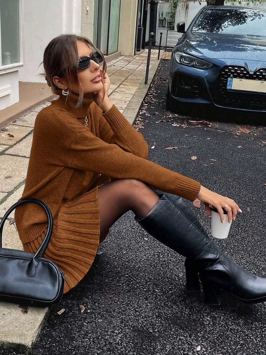 SHEIN Clasi 2pcs/Set Solid Color Turtleneck Long Sleeve Top And Mini Skirt Knit Sweater Set - Brown - View 1
