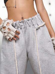 LYSMO 女式松紧腰口袋阔腿宽松休闲运动裤 - 淺灰色 - 查看 7