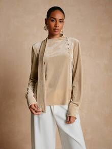 Lyxana Velvet Textured Fabric Collar Tie Decor Lantern Sleeve Elegant Women Blouse - Apricot - View 3