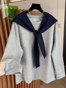 INAWLY 女式休闲宽松落肩圆领运动衫，秋季 - 藏蓝色 - 查看 1