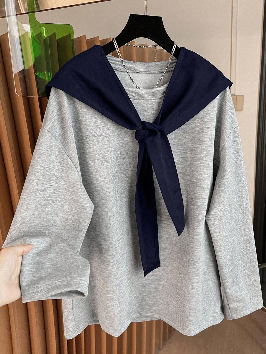 INAWLY 女式休闲宽松落肩圆领运动衫，秋季 - 藏蓝色 - 查看 1