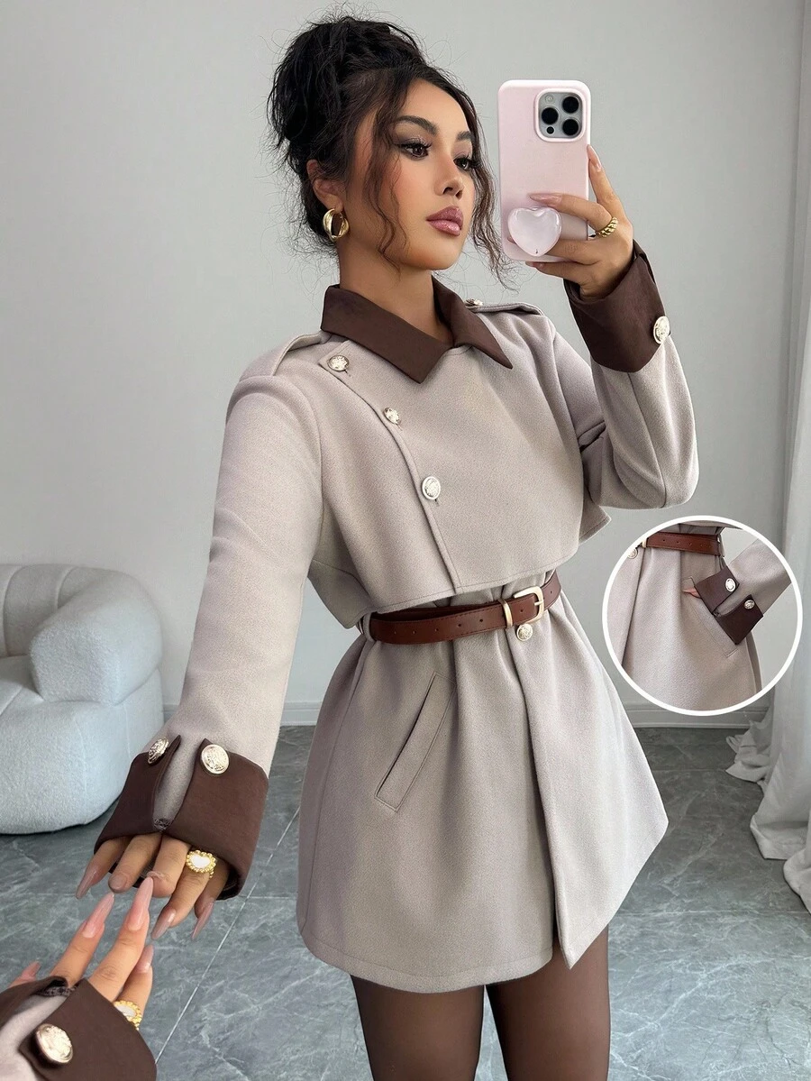 Elenzga Elegant Luxury Fashion Overcoat, No Belt - Camel - View 1