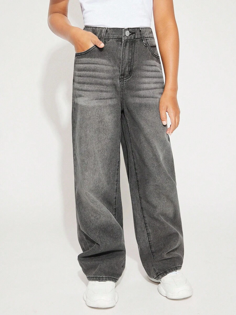 Radiana Tween 女童 Y2K 时尚复古水洗高腰猫须水洗宽松直筒牛仔裤，Tween 女童秋冬装返校街头服饰 - 灰色 - 查看 1