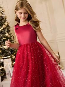 Girls' Chiffon Mesh Spaghetti Strap Dress, Suitable For Flower Girl, Halloween, Performance, Luxury Party, Holiday Event Fall Winter - Red - View 7