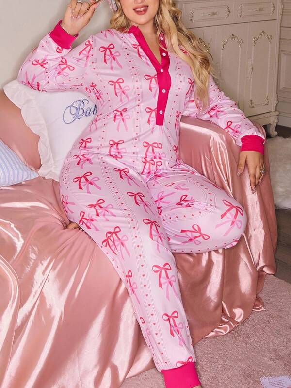 SweetSlumber Plus Size Sweet Slumber Bow & Striped Print Jumpsuit Pajamas Sleepwear Pink Jumpsuit Pajama, Fall, Cozy Outfit