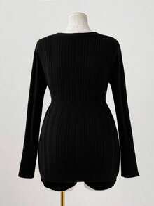 Sunspun Plus Size Solid Color Casual Pullover Sweater, Autumn/Winter - Black - View 2
