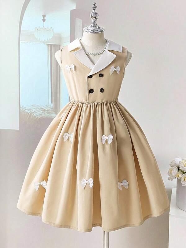 Sweetra Young Vestido sin mangas acampanado con cuello de lazo, en un diseño de patchwork en blanco y negro con contraste de color para niñas preadolescentes