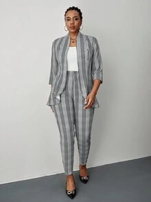 SHEIN Tall CURVE 大码格子西装外套和裤子套装，商务休闲 - 彩色 - 查看 5