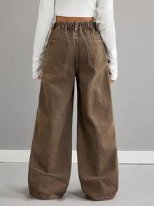 SHEIN Tween Girls' Casual Comfortable Loose Fit Wide Leg Brown Jeans Fall Winter,For Girls Fall/Winter Dailywear Costume,Girls Streetwear Outfits,Halloween Outfits,Christmas Outfits,Winter Jeans,Teen Jeans,Brown Pants,