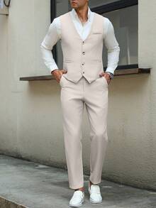 Calvornis Men Business Formal Button Front Vest Suit Blazer And Tailored Pants And Men Vest Suit Clothing 2 Pieces Set For Ceremony - Khaki - View 7