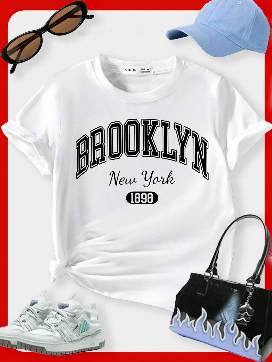 SHEIN Tween Girl Simple Printed Short Sleeve Summer T-Shirt - White - View 1