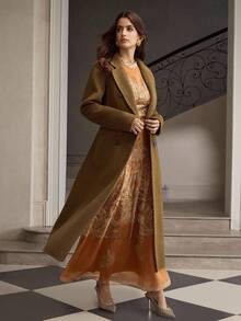 ZEYLAH Detachable Fur Collar Floral Chiffon Long Woolen Coat, Autumn/Winter - Brown - View 3