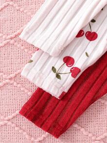 SHEIN 女童秋冬舒适罗纹套装3件套：樱桃印花套装+杏色樱桃图案套装+红色长袖和裤子套装 - 彩色 - 查看 4