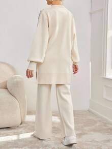 EURMUSE Women's Faux Pearl Embellished Colorblock White Sweater And Pants Set - White - View 3
