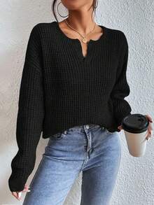 SHEIN Frenchy 女士缺口领落肩领毛衣秋冬装 - 黑色 - 查看 5